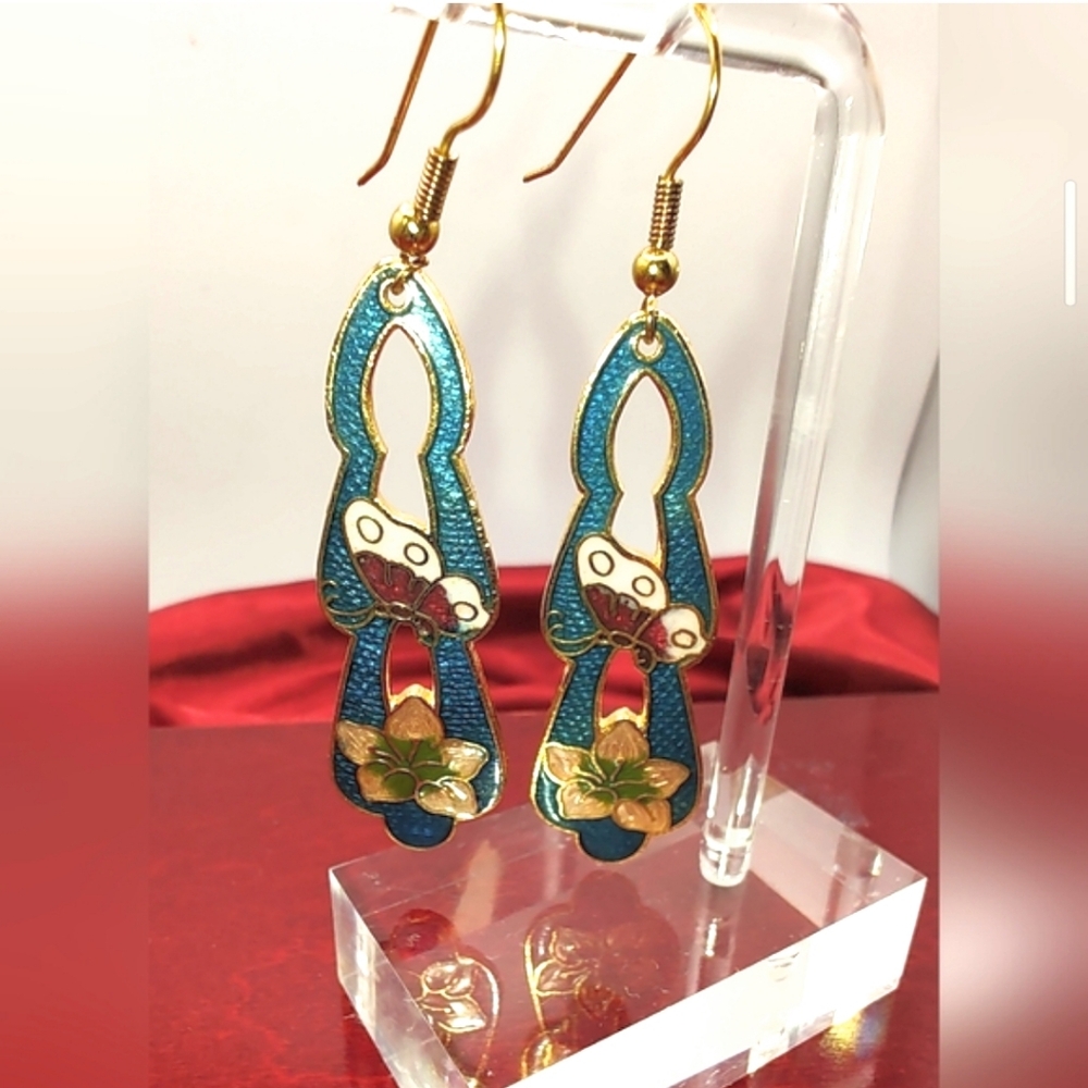 Vintage Cloisonne Aqua Colored Long Cut Out Gold Tone Pierced Earrings